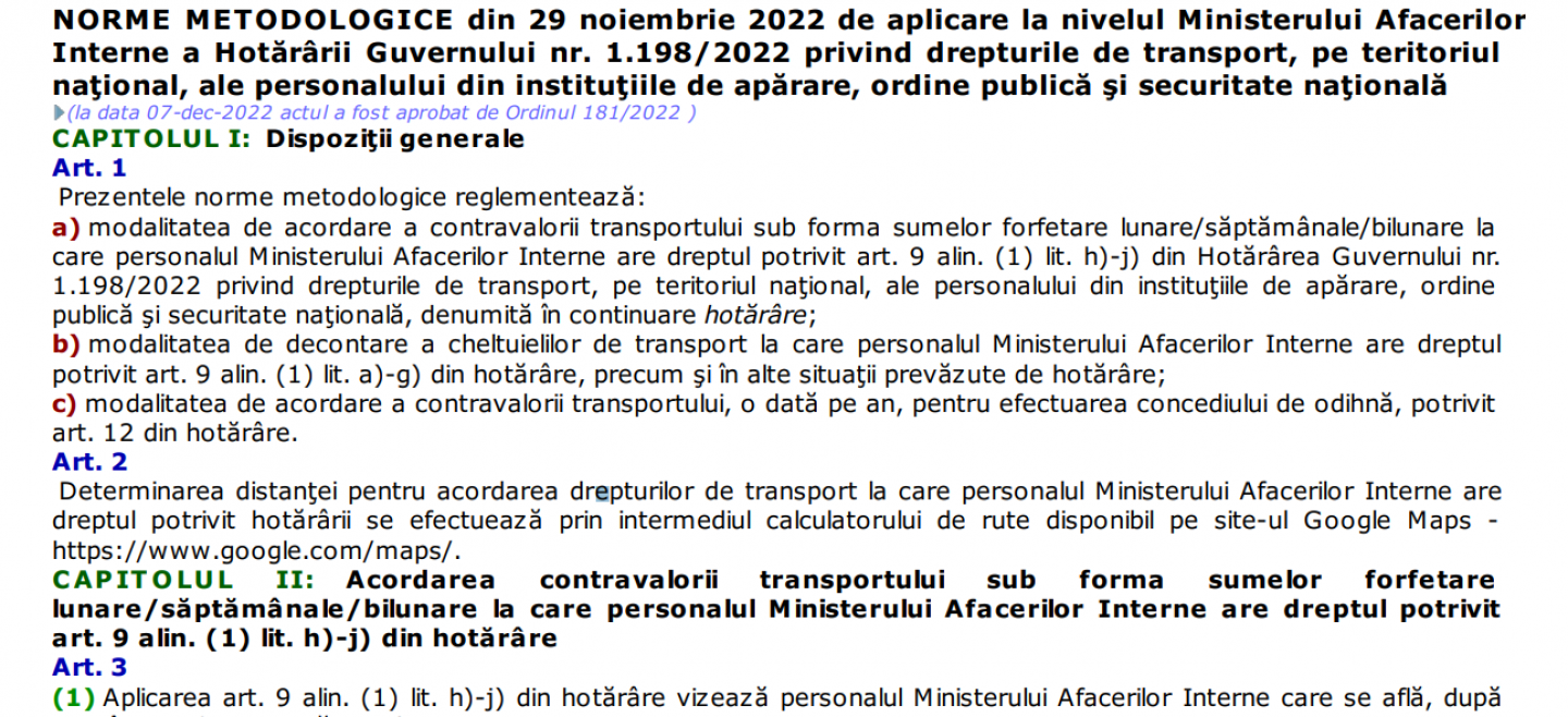 28.12.2022   -   Drepturi financiare pentru transport, în 2023;  bază legală și modele rapoarte/cereri, conform HG 1198/2022 și OMAI 181/2022